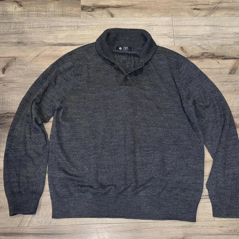 Men's J. Crew 100% Cotton Sweater Gray Button Henley Mock Neck Collar Preppy XL‎